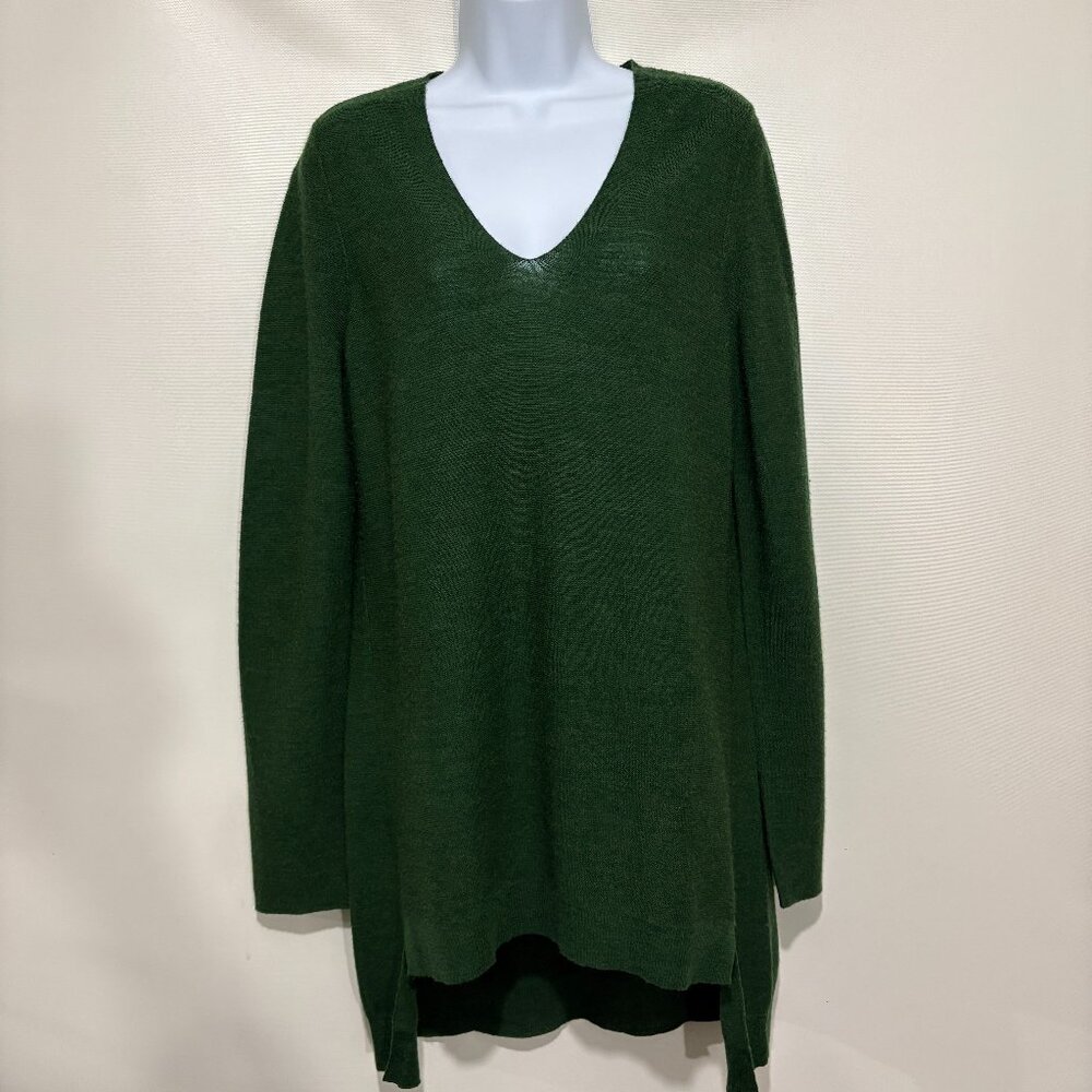 Eileen Fisher S Green Merino Wool V-Neck Pullover Tunic Sweater Lightweight